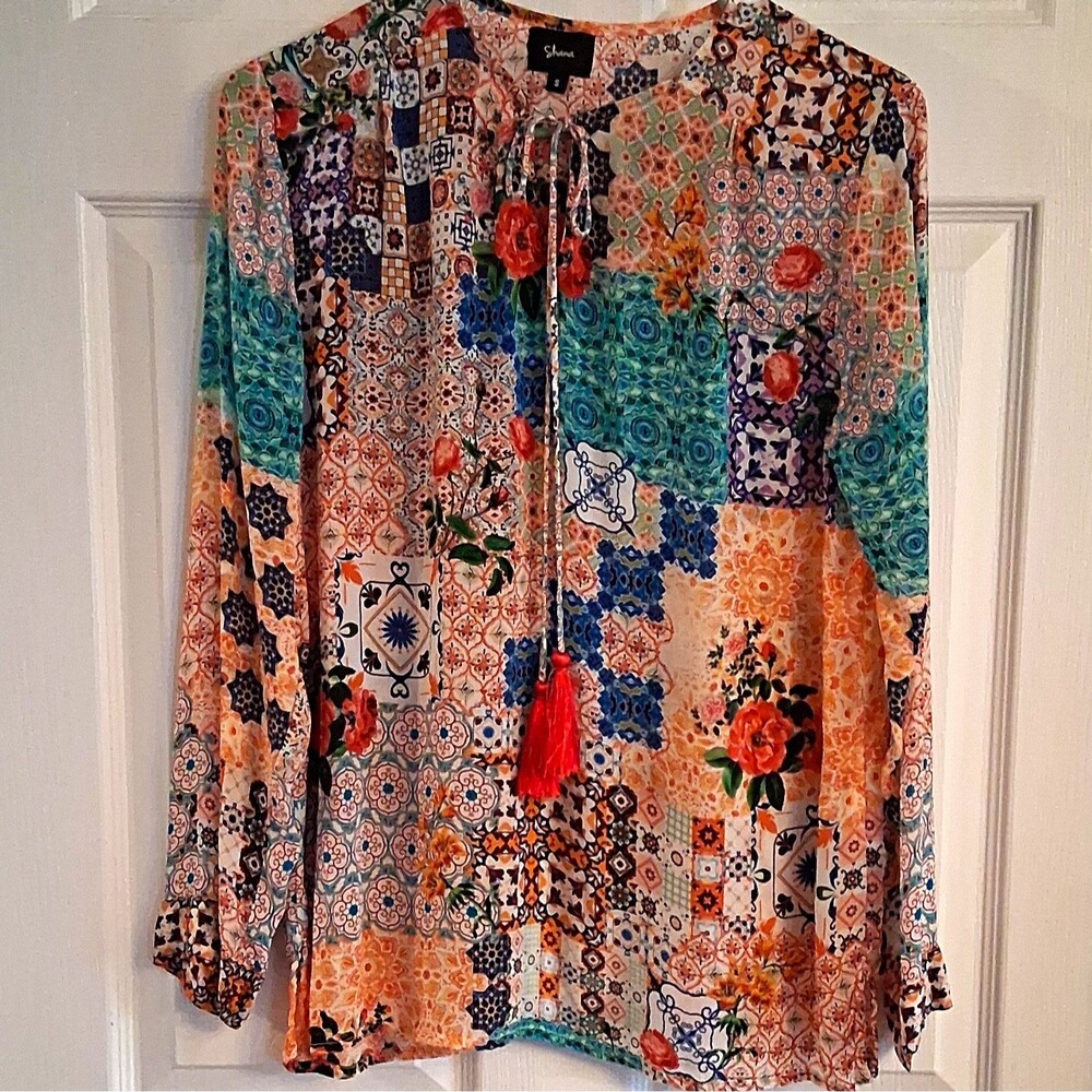 Shana Size S Women's Multicolor Patchwork V-Neck Tassel Tie Viscose Silk Blouse